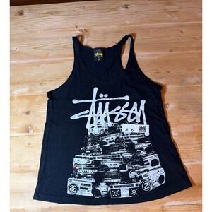 Stussy Womens Boombox Graphic Racerback Tank Top Black Small Made in USA